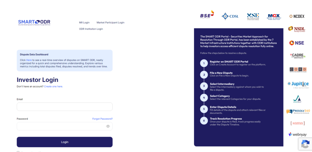 Smart ODR platform login screen to check complaint in real time